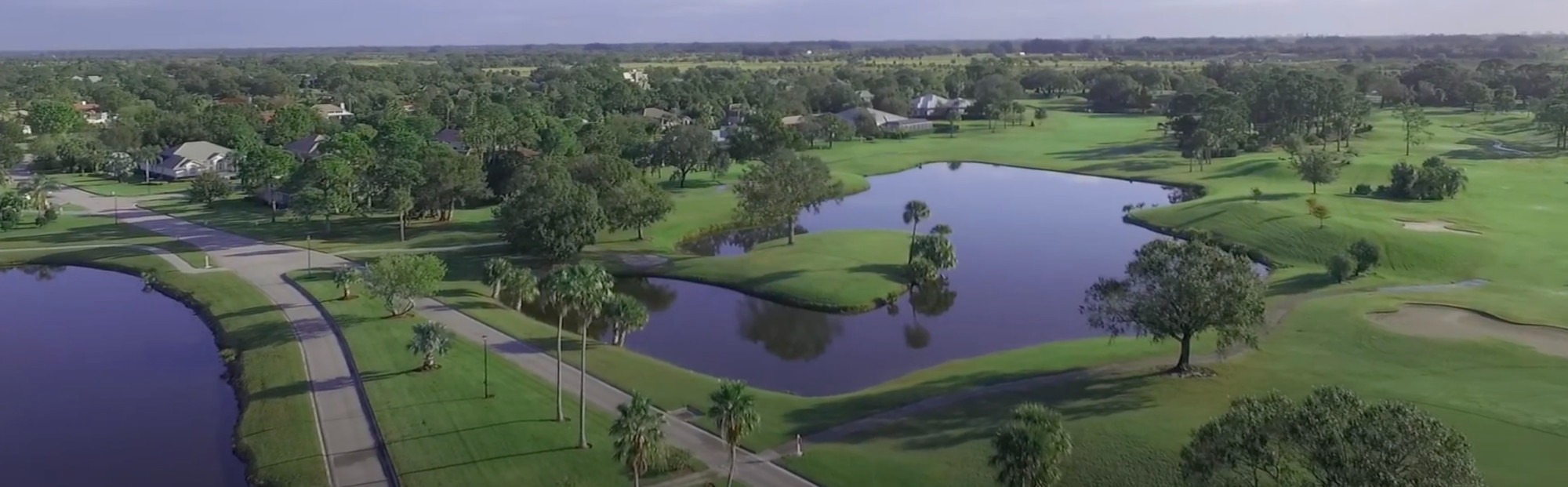 Aerial view of a lush green landscape with a pond and residential homes in the background.