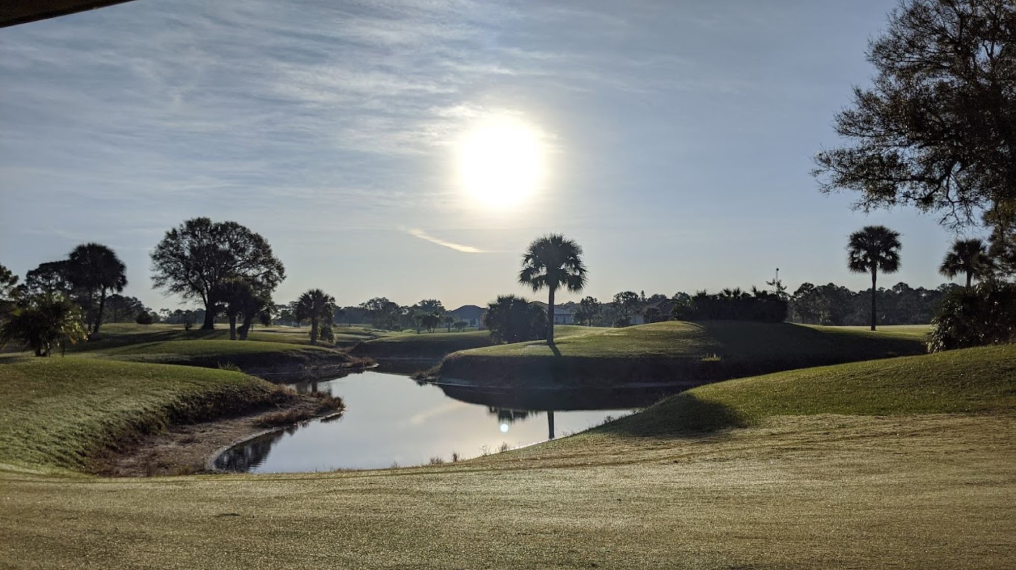Sunrise over a golf course with palm trees and a calm water reflection.